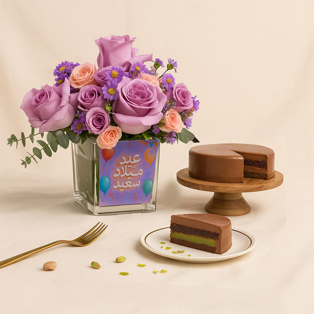 Happy Birthday Dubai Chocolate Cake n Elegant Blooms