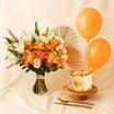 باقة ورد برتقالي مع كيك وبالونات