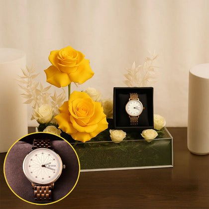 Titan Watch For Her n Yellow Rose Tray