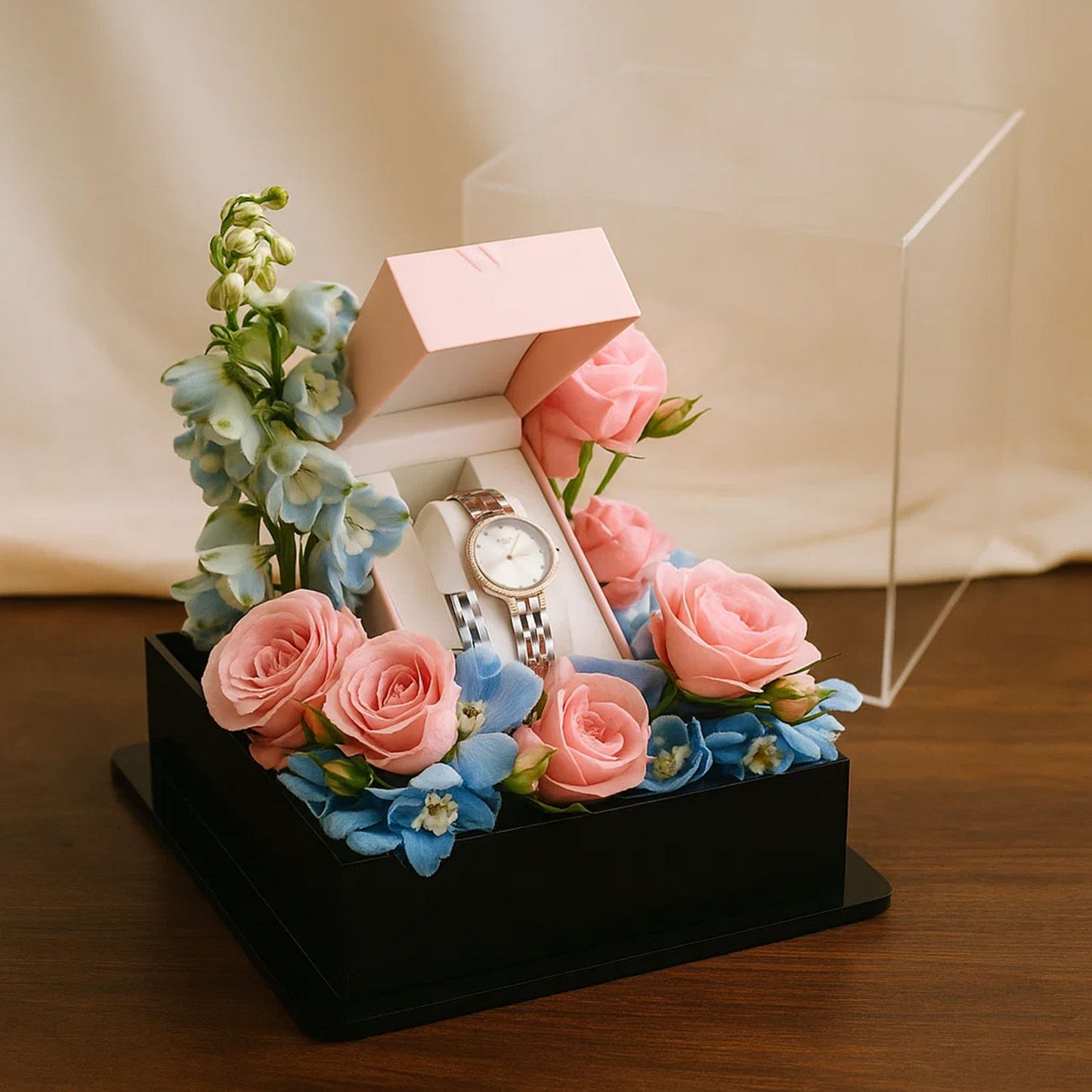 Rose n Delphinium with Titan Watch For Her