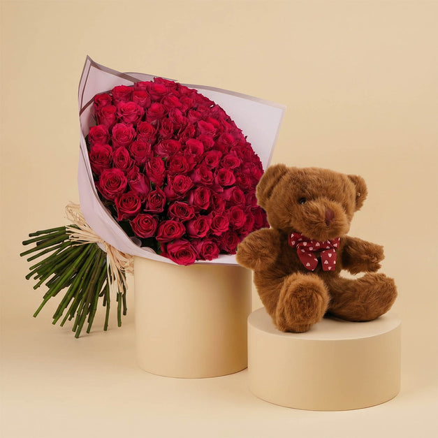 بوكيه ورد الفالنتاين ودبدوب | 75 وردة فوشي