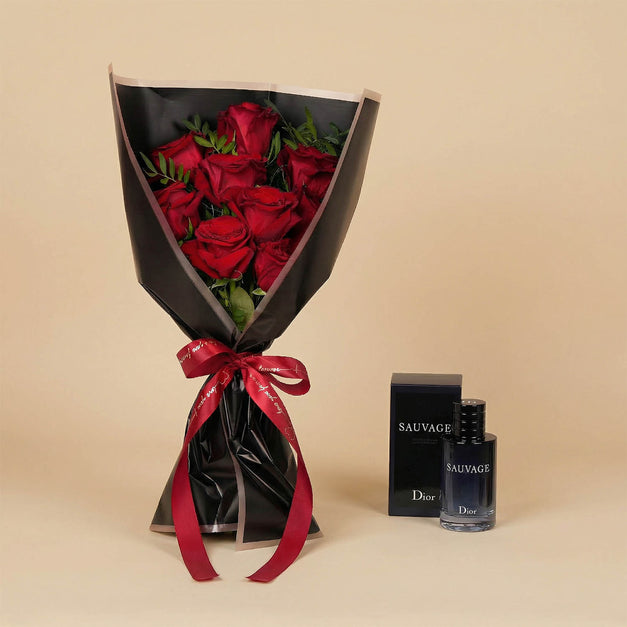 عطر سوفاج للرجال مع بوكيه ورد احمر