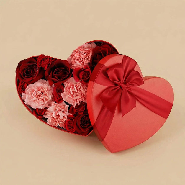 Classic Red Rose n Carnation Heart Box
