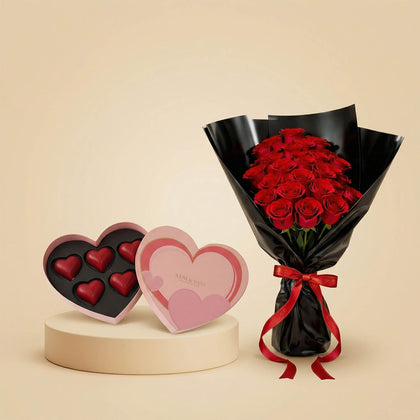 بوكيه لفتة حب مع علبة قلب شوكولاتة