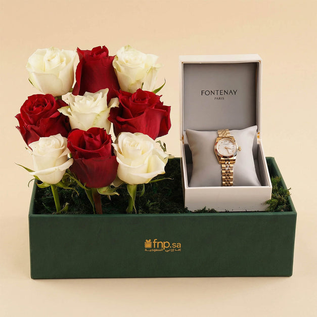 Fontenay Women Watch with Red n White Flower Box