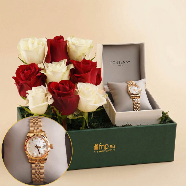 Fontenay Women Watch with Red n White Flower Box