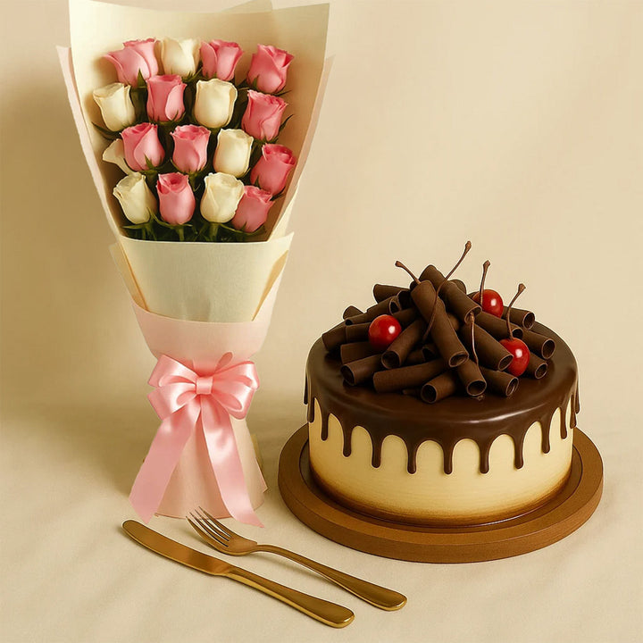 Black Forest Cake n Delicate Roses Flower Bouquet