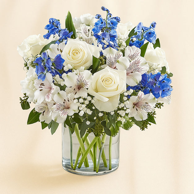 Blue Delphinium n Roses Harmony Vase
