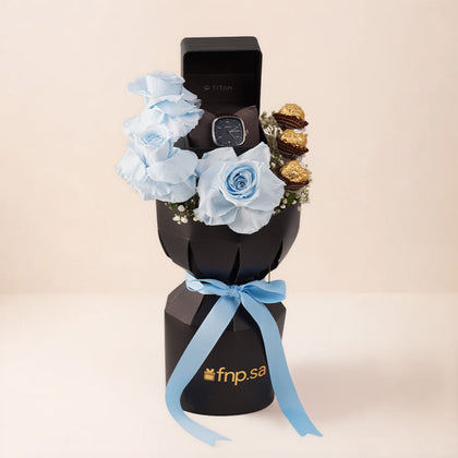 ورد أزرق مع ساعة تيتان هدية رجالية