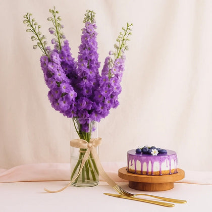Blueberry Cheesecake With Delphinium Vase