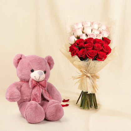 Blush of Love Roses n Teddy Bear