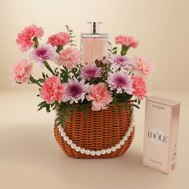 Pink Carnation Basket with Idole Le Grand Parfum For Women