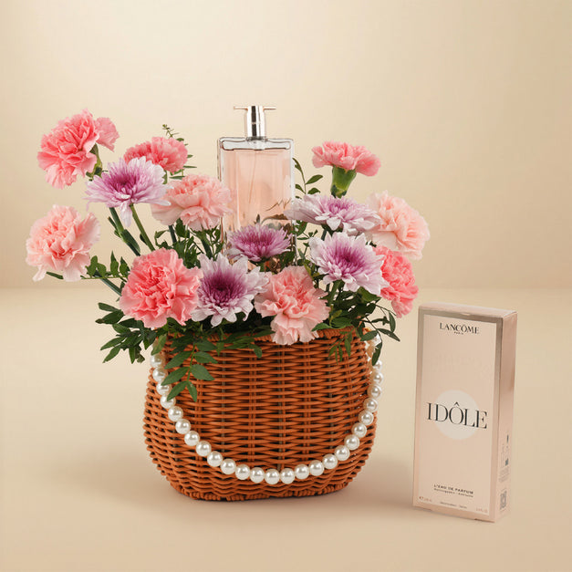 Pink Carnation Basket with Idole Le Grand Parfum For Women
