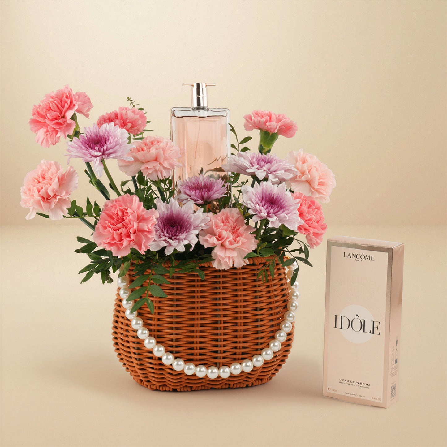 Pink Carnation Basket with Idole Le Grand Parfum For Women