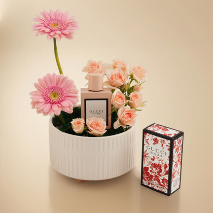 Gucci Bloom Perfume For Her with Pink Flowers Vase