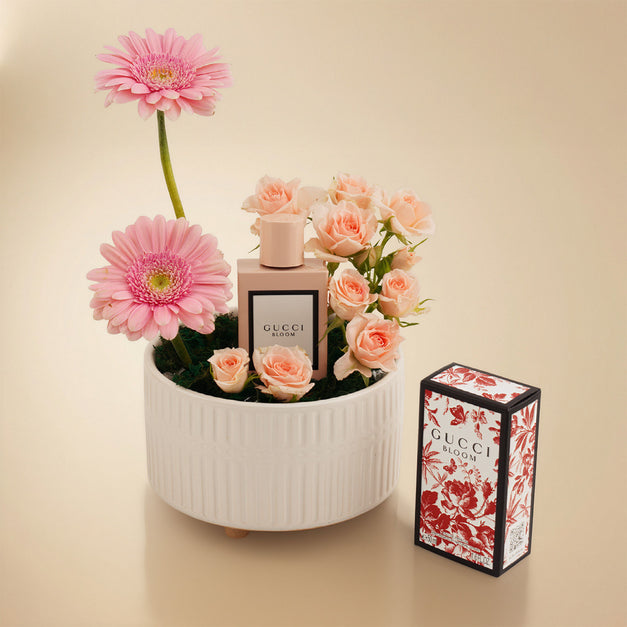 Gucci Bloom Perfume For Her with Pink Flowers Vase