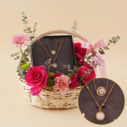 طقم مجوهرات شيروتي و سلة ورد وردي