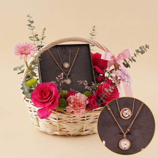 طقم مجوهرات شيروتي و سلة ورد وردي