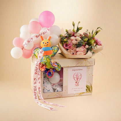 بوكس هدايا مولوده مع ورد و بالونات