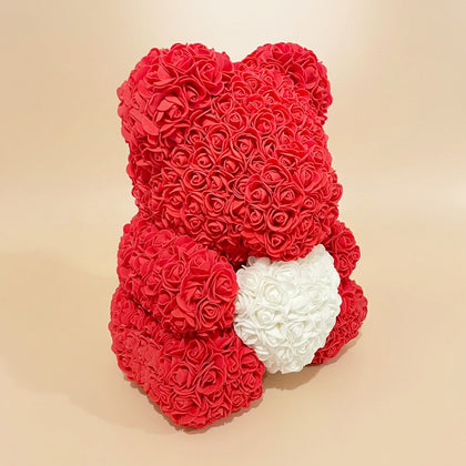 Artificial Rose Teddy Bear with White Heart