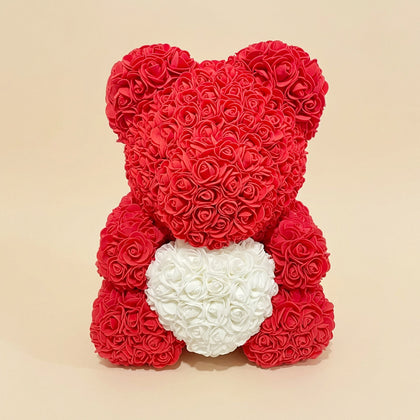 Artificial Rose Teddy Bear with White Heart
