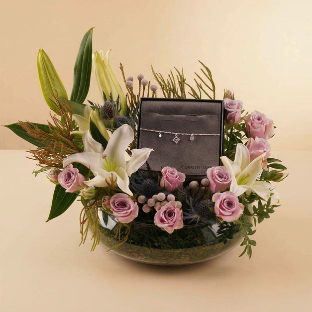 Lily & Purple Rose Arrangement with Cerruti Necklace