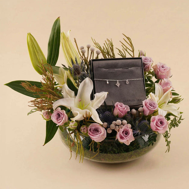 Lily & Purple Rose Arrangement with Cerruti Necklace