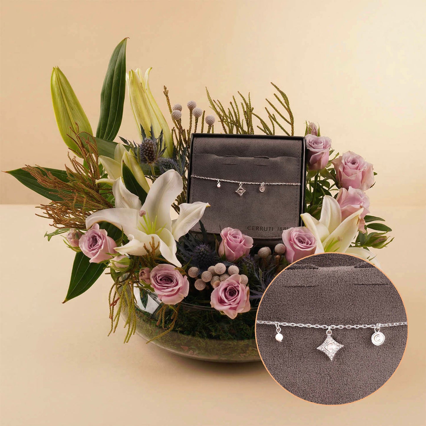 Lily & Purple Rose Arrangement with Cerruti Necklace