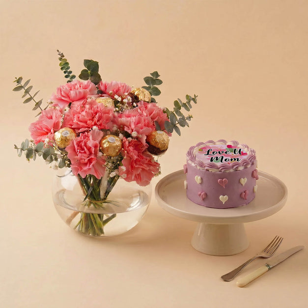 Sweet Emotions Pink Carnations with Mini Cake