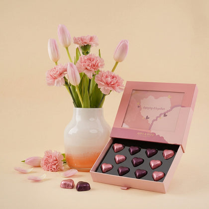 Tulips & Carnations Vase with Chocolate Hearts