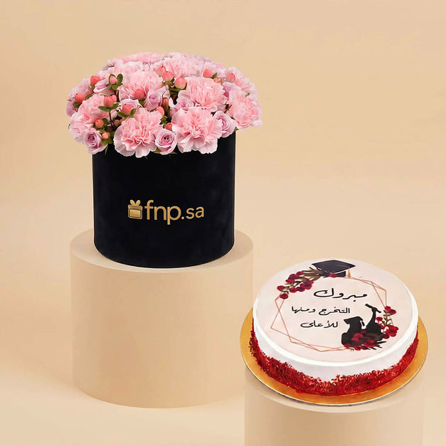 Lovely Pink Carnations For Graduation Day With Cake