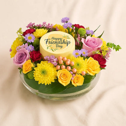 Friendship Day Mini Cake n Flowers Bowl