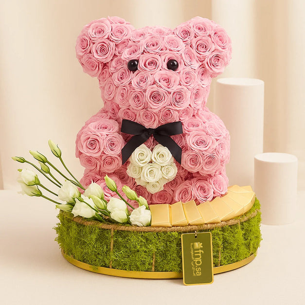 Pink Hug Bear With Chocolates 