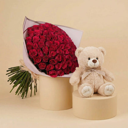 75 Dark Pink Roses Valentine Bouquet n Teddy Bear