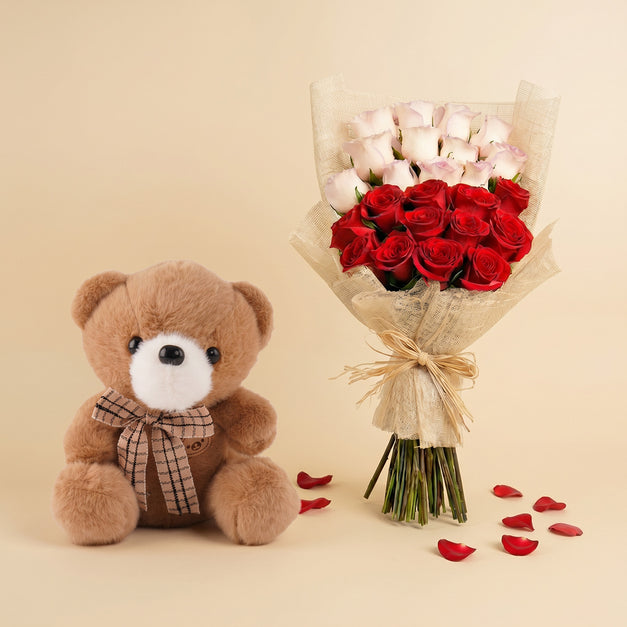 Blush of Love Roses n Teddy Bear