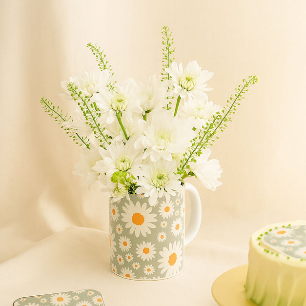 White Chrysanthemum Flower and Mini Cake Combo