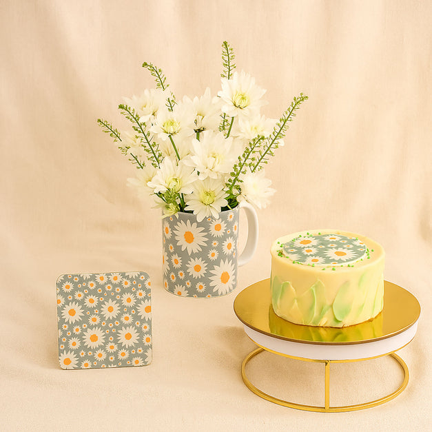 White Chrysanthemum Flower and Mini Cake Combo