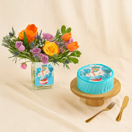 Happy Birthday Flower Vase n Vanilla Cake