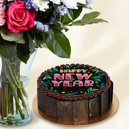 New Year Chocolate Cake n Colorful Flower Vase