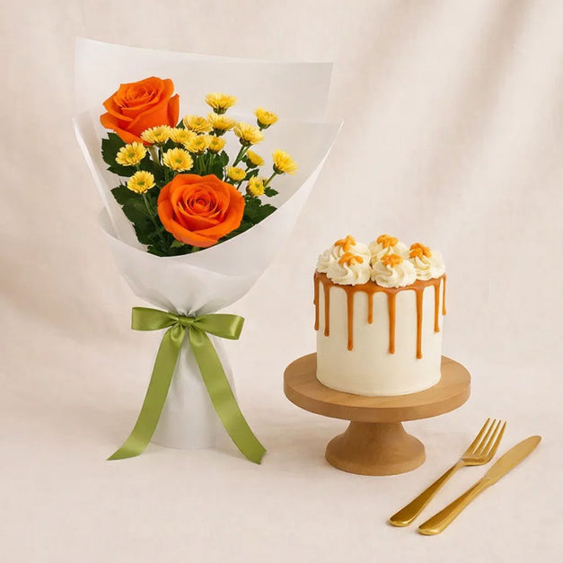 طقم هدايا كيك كراميل و باقة ورد