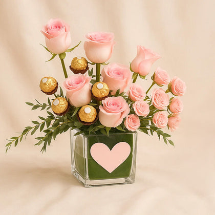 Pink Bliss Vase n Heart Shape Cake