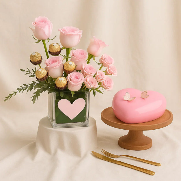 Pink Bliss Vase n Heart Shape Cake
