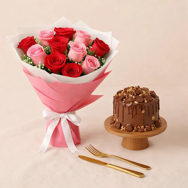 Chocolate Cake n Mix Roses Flower Bouquet