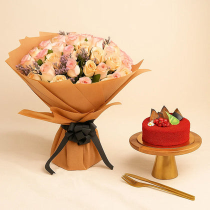 Premium Rose Bouquet n Red Velvet Cake Set