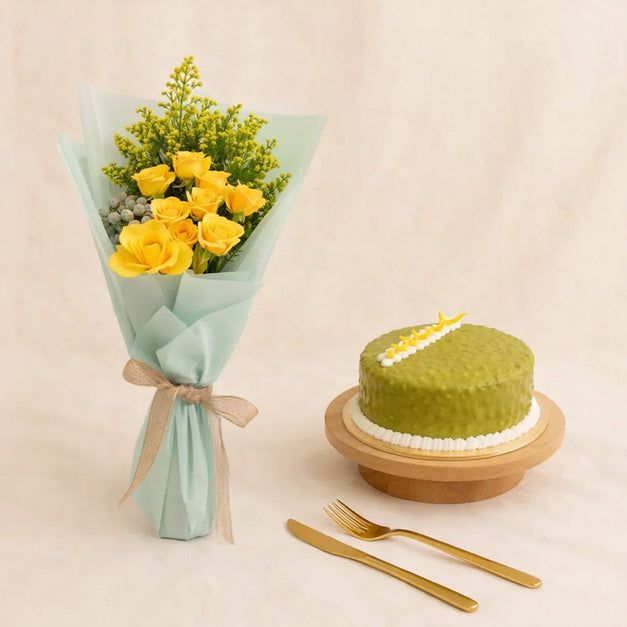 Yellow Elegance Flower Bouquet n Pistachio Cake