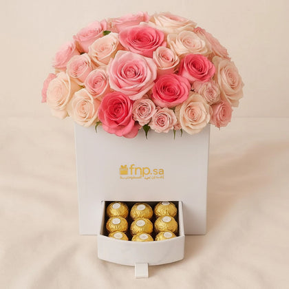 بوكس الفخامة | ورد جوري وردي و شوكولاتة