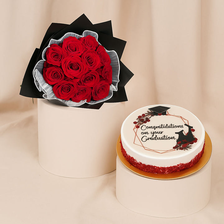 Graduation Gift Cakes with Red Flowers Bouquet 