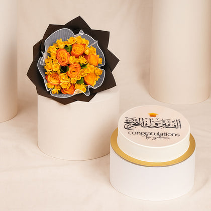 باقة ورد مع كيك رد فلفت للتخرج