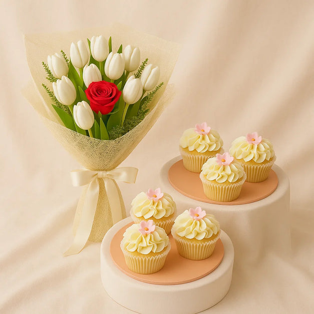 Red Rose n Tulip Bouquet With Cupcake Set