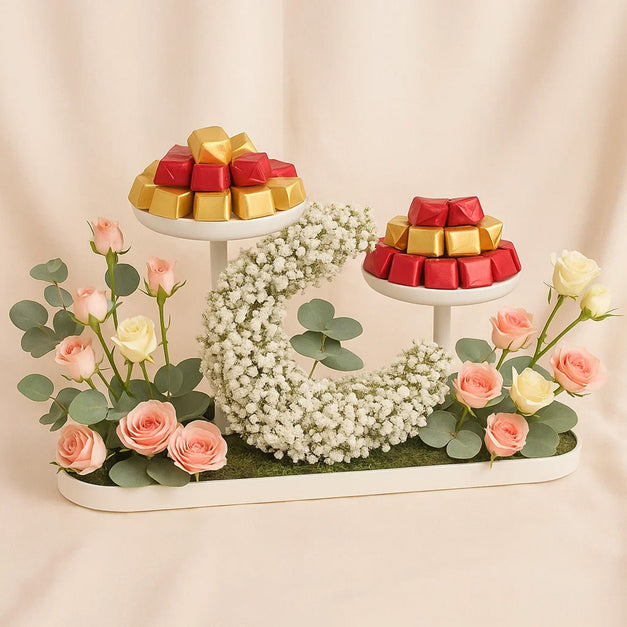 صينية تقديم ورد زهرية و شوكولاتة